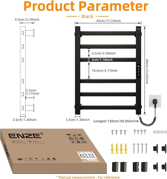 ENZE Smart Heated Towel Rack, 6-Bar Wall-Mounted Electric Towel Warmer 150W, Wi-Fi App Control & LED Touch Screen, Adjustable Temperature & 24H Timer, IPX5, Plug-in/Hardwired, Matte Black