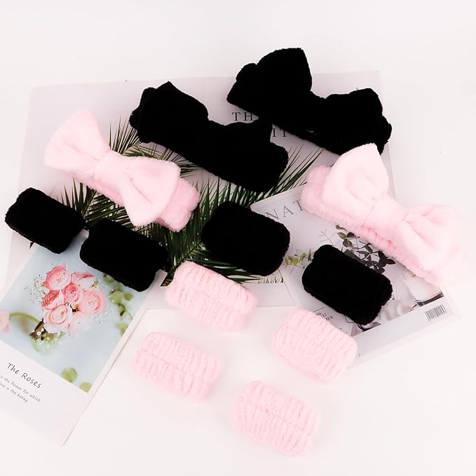 CIEHER 12 PCS Black & Pink Makeup Headband for Women Wrist Washband Scrunchies Cuffs for Washing Face, Soft Bow Hair Band Matching Wristbands