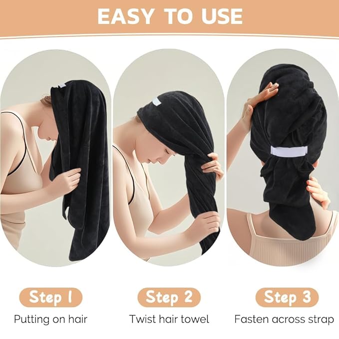SUNLAND Microfiber Hair Towels Anti Frizz Hair Drying Towel Super Absorbent Fast Drying Turbans for Wet Curly Hair Soft Hair Towel Wrap with Elastic Band for All Hair Types 40 X 28 inches 2Pack Black