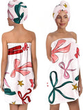 Gift Bow Bath Wrap with Hair Drying Cap – Microfiber Quick Dry Shower Towel Skirt and Turban Set for Women, Festive Ribbon Star Spa Gift (Bow 4)