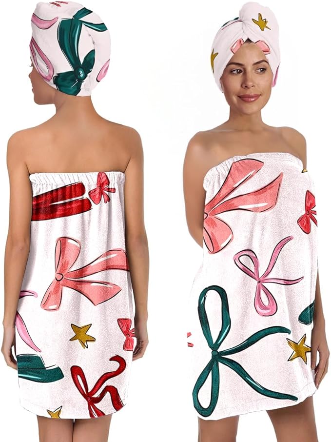 Gift Bow Bath Wrap with Hair Drying Cap – Microfiber Quick Dry Shower Towel Skirt and Turban Set for Women, Festive Ribbon Star Spa Gift (Bow 4)