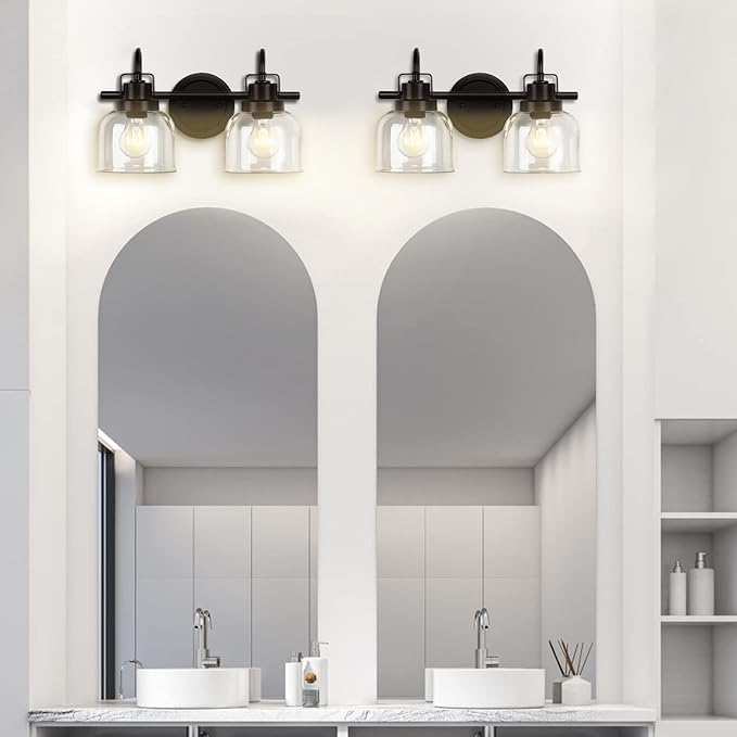 2 Lights Bathroom Vanity Light, Bronze Modern Wall Light Fixtures Over Mirror, Industrial Wall Sconce with Clear Glass Shade, Farmhouse Wall Sconce for Bedroom, Living Room, Hallway(Exclude Bulb)