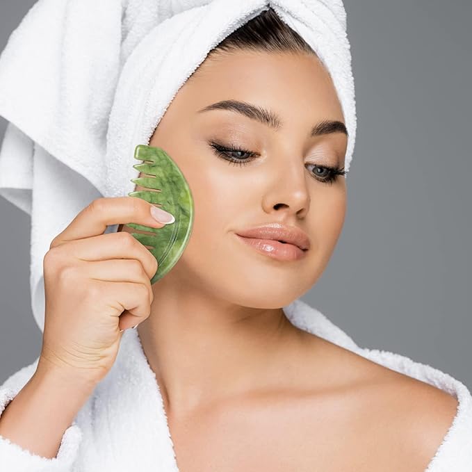 Gua Sha Comb, Natural Guasha Stone Jade, Head Scalp Caring Massage Comb, Body Gua Sha Scraping Massage Tool, Gua Sha Therapy Hair Growth Scalp Stimulator for Brain Meridian Massager
