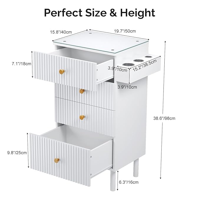 OmySalon Salon Station, Barber Station for Stylist, Hair Storage Cabinet with Glass Top & 4 Drawers & 3 Heat Resistant Tool Holders, For Beauty Spa, Salon, White