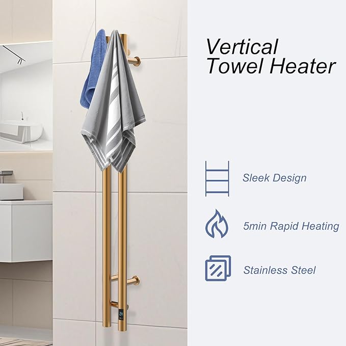 Heated Towel Rack, Towel Warmer with Timer, Wall Mounted hot Towel Warmer Rack for Bathroom, Hardwired or Plug-in Models Vertical Towel Heater, 2 Vertical Rack Round Design (Gold)