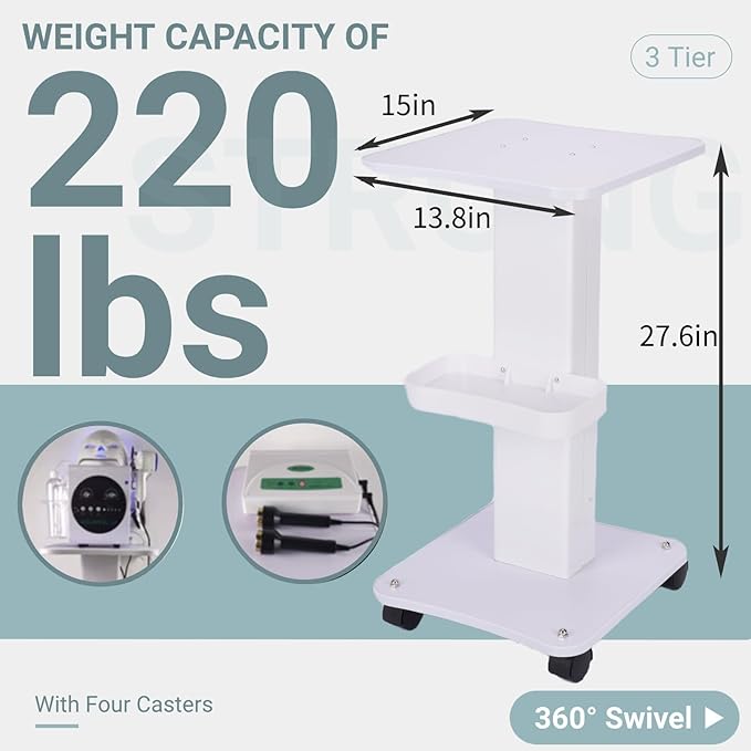 uyoyous 3 Tier Esthetician Rolling Cart with Locking Wheels, Aluminum Trolley Cart for Salon Spa Clinic Nail Tattoo, 220lbs Capacity Beauty Machine Storage Organizer