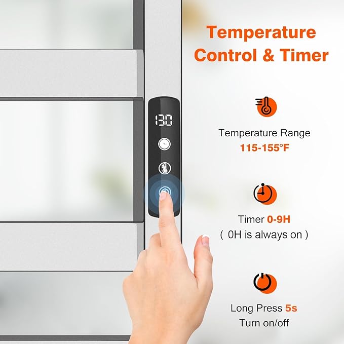Towel Warmer, Towel Heater Rack for Bathroom, 8-bar Electric Towel Dryer Wall-Mounted Plug-in Bath Heater, 304 Stainless Steel Hot Towel Rack with Timer and Smart Temperature Control