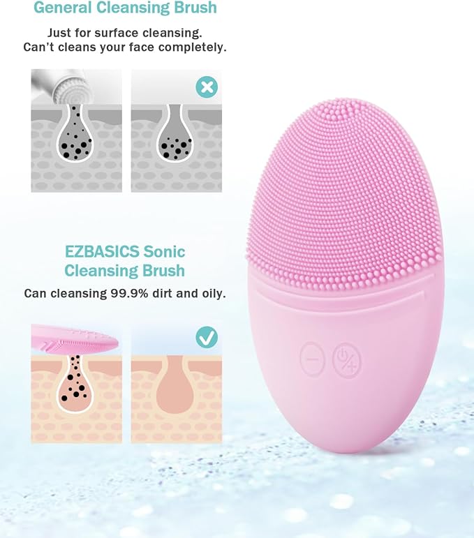 EZBASICS Facial Cleansing Brush Made with Ultra Hygienic Soft Silicone, Waterproof Sonic Vibrating Face Brush for Deep Cleansing, Gentle Massaging, Inductive Charging (Pink) 1 Pack+5 Speed Settings