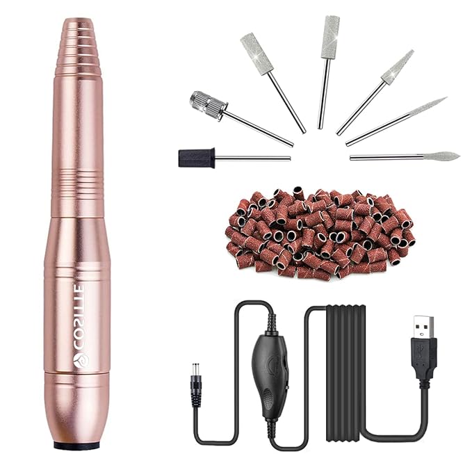 COSITTE Electric Nail Drill, USB Electric Nail Drill Machine for Acrylic Nails, Portable Electrical Nail File Polishing Tool Manicure Pedicure Efile Nail Supplies for Home and Salon Use, Gold