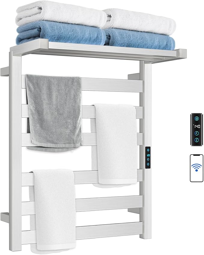 WiFi Heated Towel Rack Wall Mounted, Electric Towel Warmer with Foldable Bracket, Stainless Steel, LED Built-in Timer, Plug-in, Temperature & Timing Control, 6 Bars, Nickel Silver
