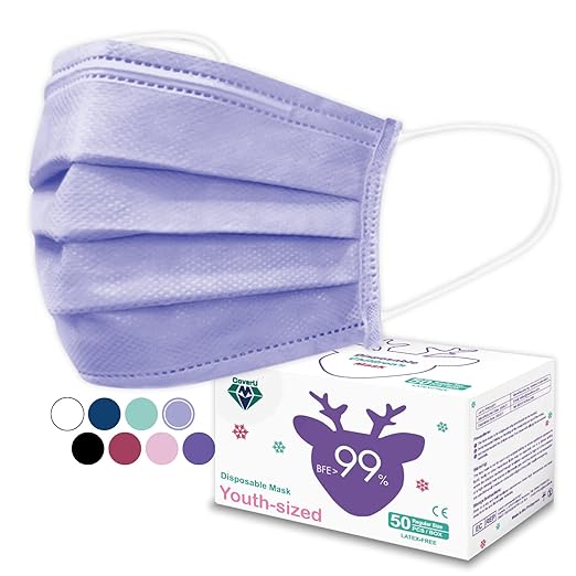 Medtecs Kids Face Mask Disposable - 2 Sizes Option (Child/Youth) 50 PCs - Comfy 3-Ply Breathable Children Masks, The Better & Safer Choice - Youth | Purple