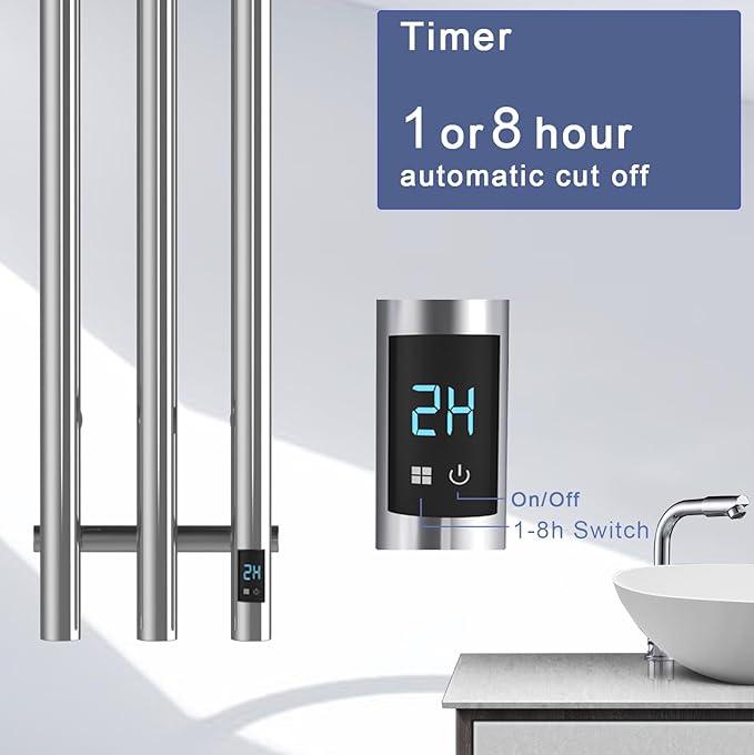 Electric Heated Towel Rack with Timer, Wall-Mounted Towel Warmer, 3 Vertical Bars, Plug-in or Hardwired, 38 Inch Height, Round Design (Silver)