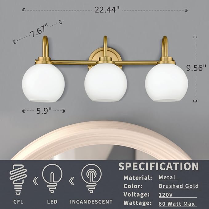 AKEZON Bathroom Light Fixtures 3-Light Brushed Gold Vanity Light, Modern Bathroom Wall Sconce with Milky White Frosted Glass Shade for Mirror Bedroom Hallway