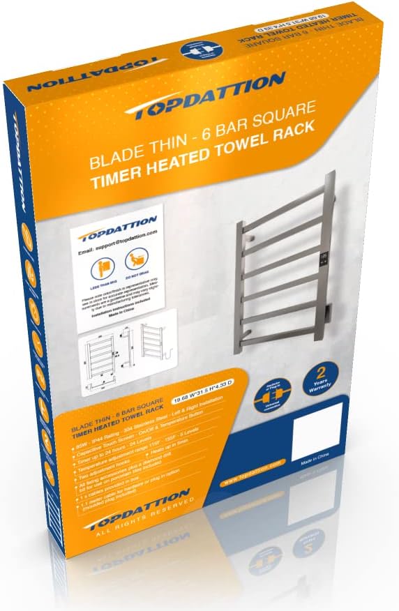 Topdattion Smart Wireless Electric Towel Warmer | Blade Thin 6 Bar Design | Hardwired & Plug-in | Alexa & Google Home Compatible | Polished Finish