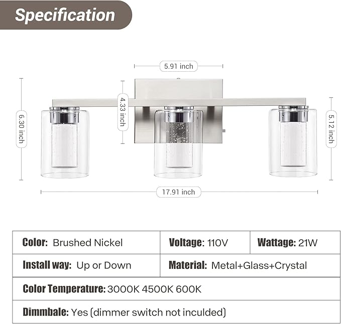 Bathroom Light Fixtures, 3 Light Brushed Nickel Bathroom Vanity Light over Mirror, 3 Color LED lights with Crystal Bubble and Clear Glass, White/Neutral/Warm Light Dimmable Wall Sconce Lighting