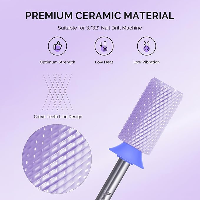 MelodySusie Ceramic Nail Drill Bits, 3/32'' Chamfer Flat Top Large Barrel Bits, Fast Remove Acrylic or Hard Gel, Nail Tool for Manicure Pedicure, Salon Home, Professional or Beginner, Purple, Medium