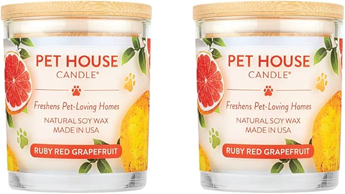 Pet House Candles, Clean Burning, Long Lasting Candles for Pet Odor, Plant-Based, 60 Hour Burn Time - Ruby Red Grapefruit, 9 oz, 2 Pack