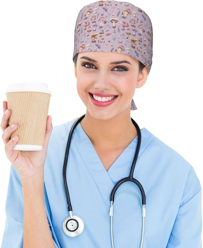 Scrub Cap for Women and Men Boho Black Leaf Pattern Adjustable Breathable Sweatband Hat for Work Kitchen Spa Shower Daily Use