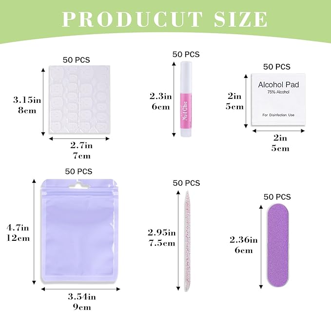Press On Nail Tool Kit with Everything, Bebbtiy Press On Nail Prep Tool Kit Disposable Manicure Kit with Nail File, Nail Glue, Prep Pads, Adhesive Nail Tabs, Wood Stick, Packaging Bag (50pcs-purple)