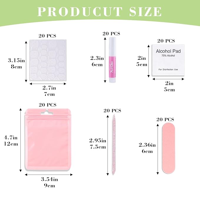 Press On Nail Tool Kit with Everything, Bebbtiy Nail Prep Tool Disposable Manicure Kit with Nail File, Nail Glue, Prep Pads, Adhesive Nail Tabs,Wood Stick, Packaging Bag (20pcs-pink)