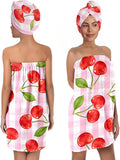 Cherry Bath Wrap with Hair Turban – Pink Check Microfiber Shower Skirt and Quick Dry Towel Set, Absorbent Lightweight Spa Wrap Gift for Women and Teens (Cherry 8)