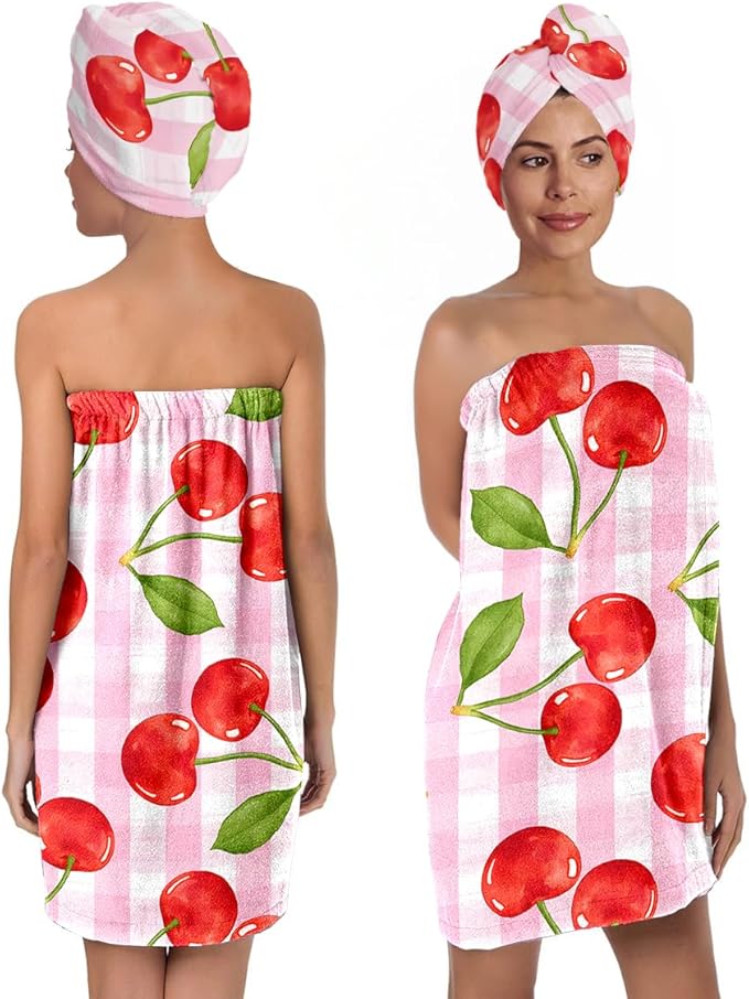 Cherry Bath Wrap with Hair Turban – Pink Check Microfiber Shower Skirt and Quick Dry Towel Set, Absorbent Lightweight Spa Wrap Gift for Women and Teens (Cherry 8)