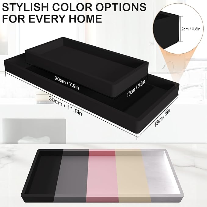 2PCS Bathroom Vanity Tray, 11.8 x 5 Inch Silicone Bathroom Counter Organizer, Decorative Holder for Candle and Perfume Tray, Cosmetics, Jewelry Rings for Kitchen Sink Organizer, Black