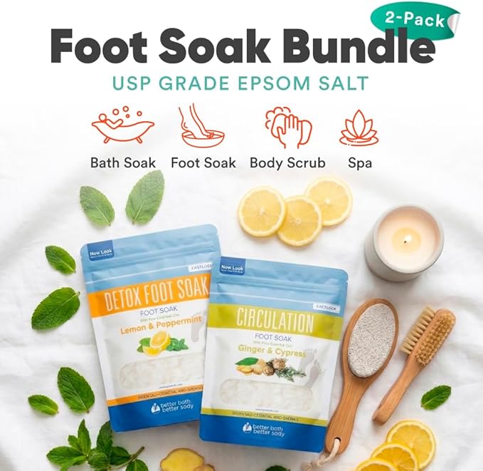 2 Pack Foot Soak Salts Bundle for DIY Foot Spa with Bamboo Scoop (2 lbs Each 4 lbs Total) for Discomfort and Dry Skin Made in USA with BPA Free Easy Lock Pouch