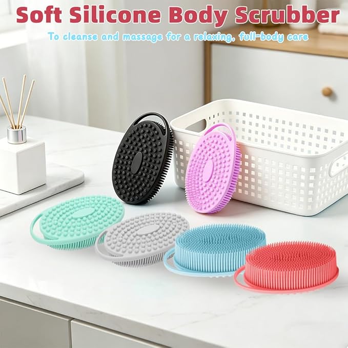 Silicone Body Scrubber 6 Pack Silicone Loofah Exfoliating Body Scrubber Soft Silicone Shower Brush with Handle Double Sided Bath Body Brush for Women Men Cleaning Massage Sensitive Skin, Lather Well