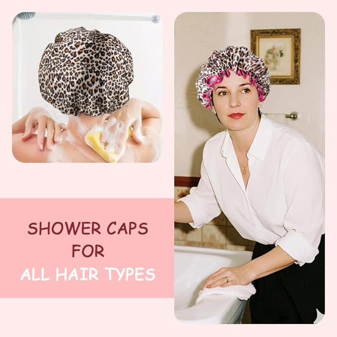 Vintage Leopard Print Shower Cap for Long Hair Braids Womens Fabric Waterproof Large Leopard Shower Caps for Women Washable Elastic Adjustable Bath Hair Caps for Washing Spa Bath Cap for Women Trendy