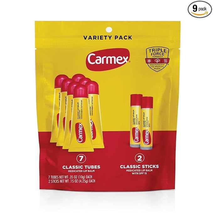 Carmex Classic Medicated Lip Balm Pack, Lip Moisturizer for Chapped Lips, 9-Count Variety Pack Bag (7 Tubes, 2 Sticks)