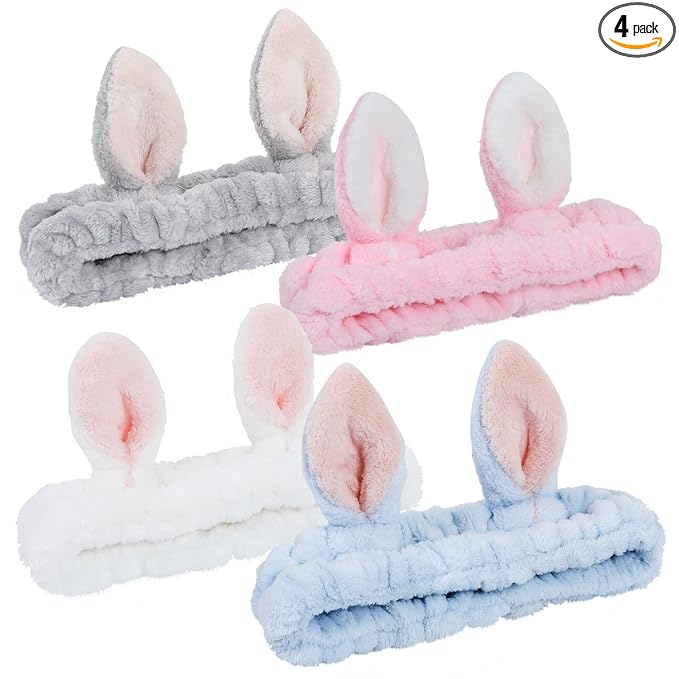 4 Pack Elastic Makeup Headbands for Women, Girls' Soft Flannel Bunny Ears Headbands Head Wraps, SPA Headband Hair Band for Washing Face