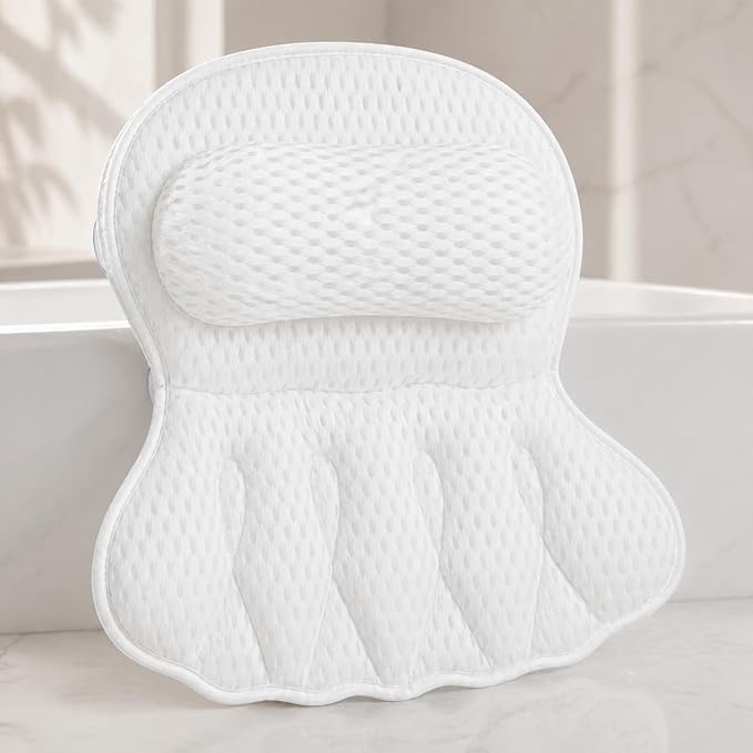 4D Air Mesh Bath Pillow for Tub, Soft Bathtub Cushion with 6 Non-Slip Suction Cups for Head, Neck & Back Support, Machine Washable Spa Pillow, White