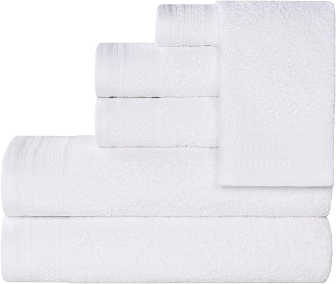 Superior Honeycomb Cotton Medium Weight Towels, for Guest Bath, Master Bathroom, Shower, Quick Dry, Adults, Home Essentials, Textured Waffle Border, Assorted Towel Set, 6 Piece Towel Set, White