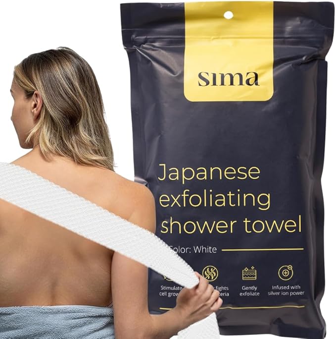 Sima Brand Exfoliating Washcloth Face & Body Scrub Towel - Japanese Exfoliating Towel with Hexagon Fibers, Body Scrubber with 2 Sides for Scrubbing & Washing, Extra Long Towels (White, 3 Pack)
