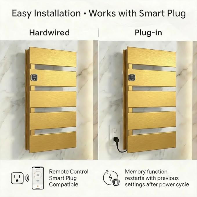Electric Towel Warmer, Heated Towel Rack with Thermo Control and Timer, Fast Heating Towel Rail for Bathroom with Memroy Function, Work with Smart Plug, Left-Wiring, 5 Panel, Gold