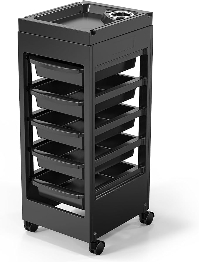 OmySalon Salon Cart for Hair Stylist Black with 5 Drawers & Hair Dryer Holder, Hair Cart Organizer Storage Cabinet for Hairdressing Beauty Spa Tools, Rolling Barber Cart