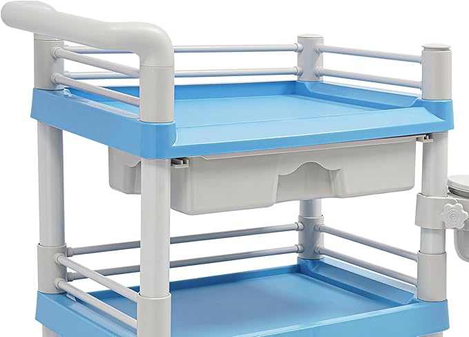 Salon Storage Cart, 3 Tier Rolling Beauty Organizer with 2 Garbage Baskets & 1 Drawer, 80kg/176.37lbs Capacity, Movable Storage Trolley for Beauty Salon SPA (Blue)