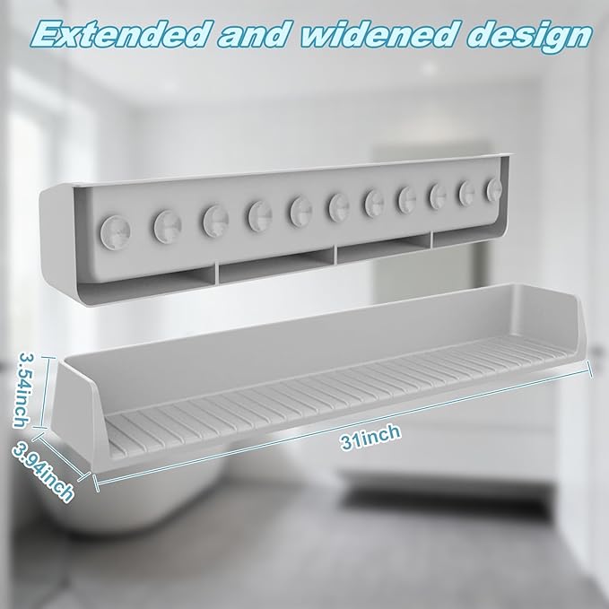 Bathtub Splash Guard for Kids,2.6 FT Silicone Bathtub Play Shelf with 11 Suction Cups, Bath Tub Ledge Shelf for Kids, Prevents Water Spills in Bathroom (Grey)