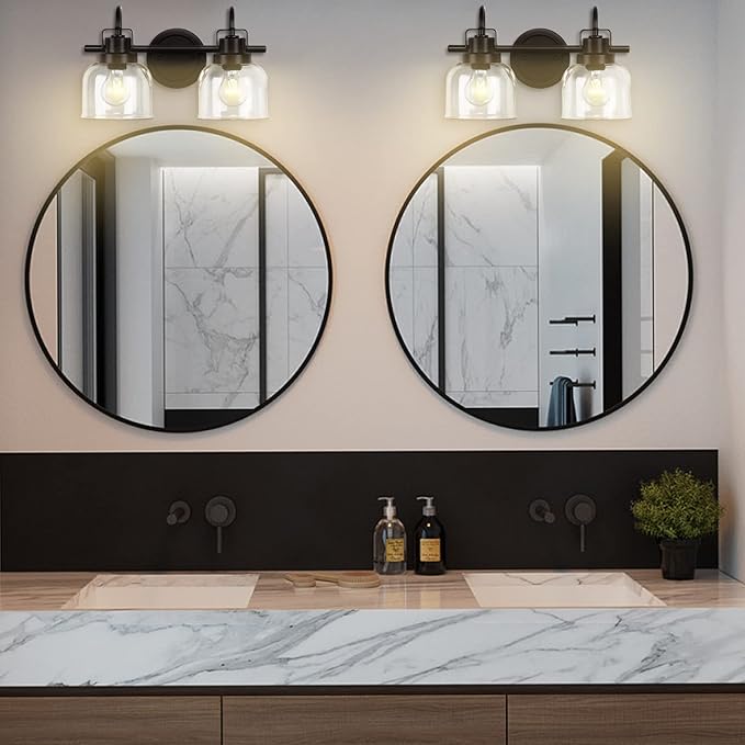 2 Lights Bathroom Vanity Light, Bronze Modern Wall Light Fixtures Over Mirror, Industrial Wall Sconce with Clear Glass Shade, Farmhouse Wall Sconce for Bedroom, Living Room, Hallway(Exclude Bulb)