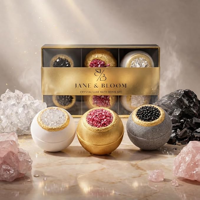 Crystal Luxe Bath Bomb Gift Set for Women, 6 Large Moisturizing Bath Bombs with Natural Oils, Luxury Home Spa Fizzies for Relaxation, Self Care, Birthday & Mothers Day Gifts