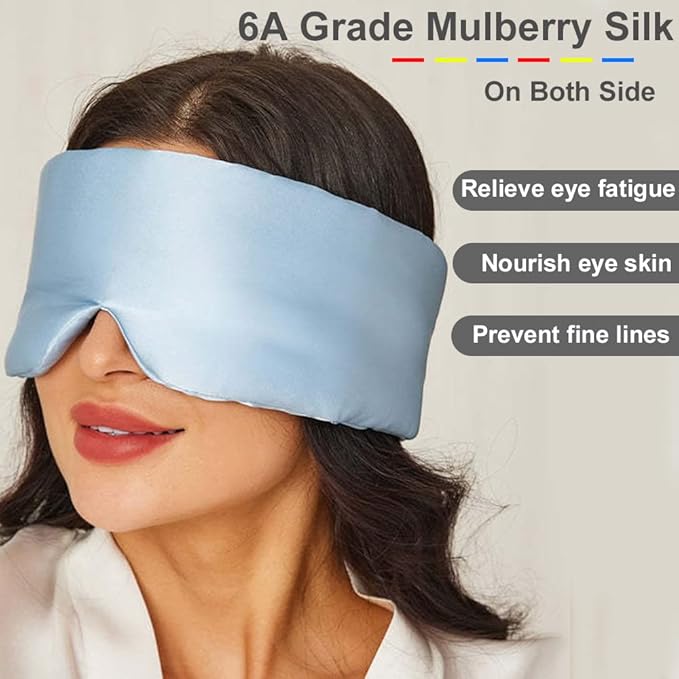 100% Mulberry Silk Eye Mask Blackout Sleeping Eye Cover for Night Sleep and Travel Nap,Soft Adjustable Eyeshade, Comfortable Blindfold for Women Men,Large Size, Black (Dark Blue)