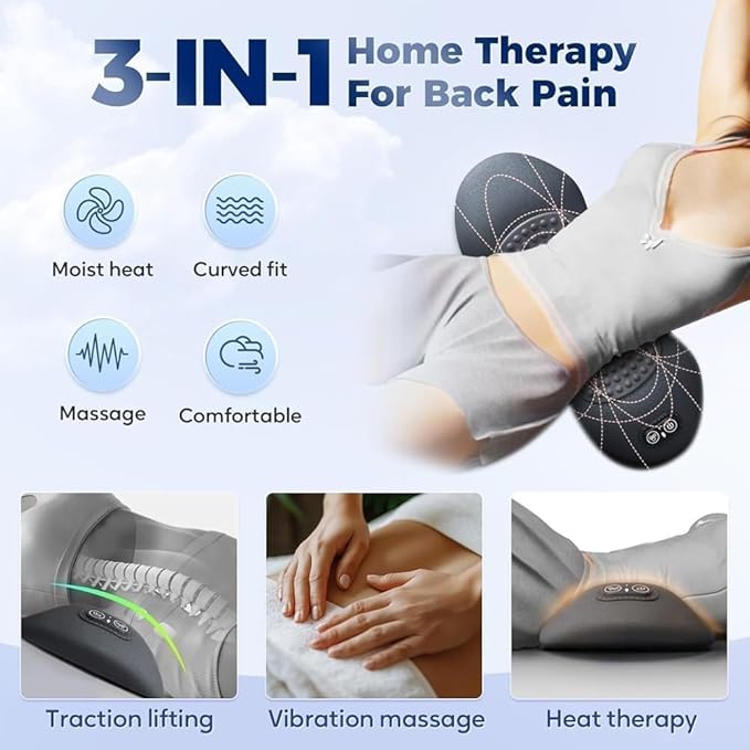 3 in 1 Electric Massage Lumbar Pillow, Equipped with Heating, Vibration, and Traction Functions Spine Triple Fusion Back Massager, Back Massager for Pain Relief deep Tissue