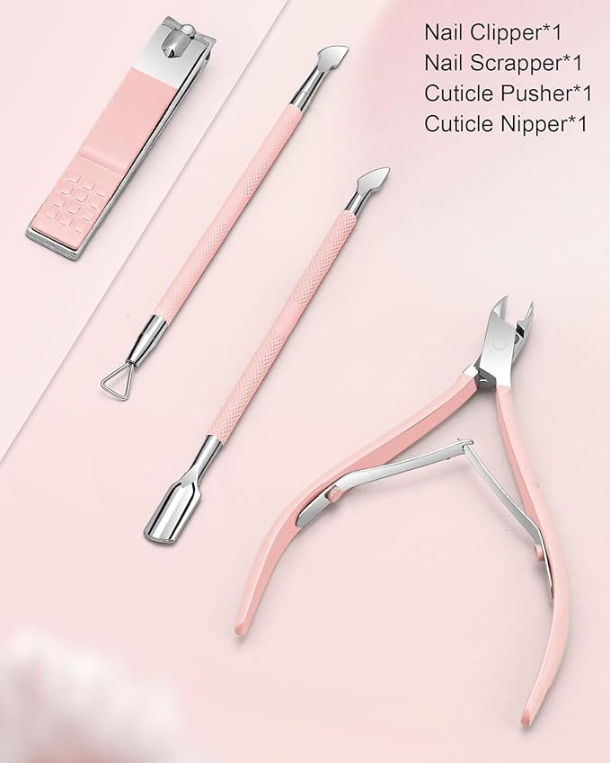 Cuticle Trimmer with Cuticle Pusher and Nail Clipper - 4 PCS Cuticle Cutter Nipper Remover Pedicure Manicure Tools, Professional Stainless Steel Dead Skin Clipper for Fingernails Toenails Pink