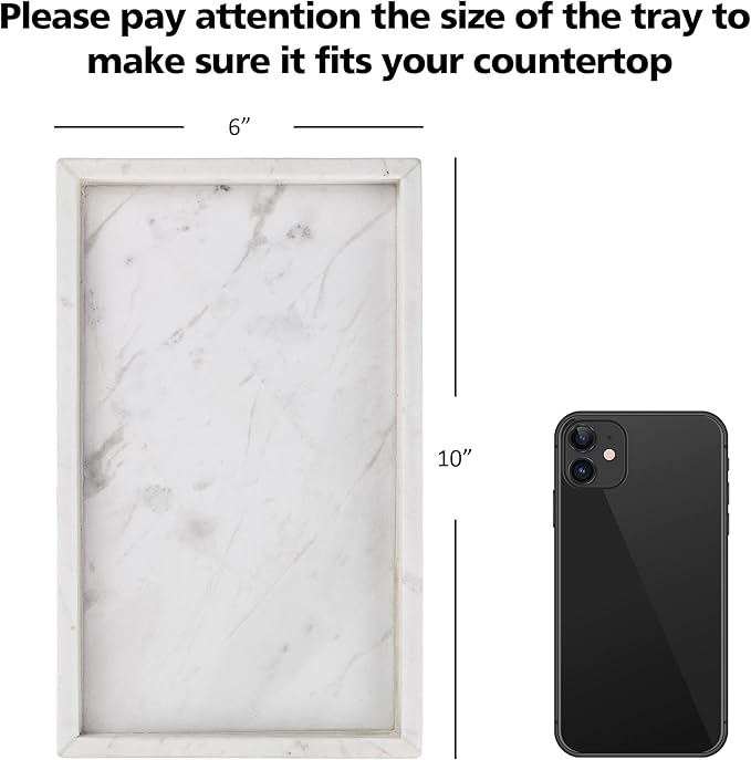 WORHE Italy Marble Vanity Tray for Jewelry, Perfume, Makeup, Candle,Towel Natural Modern Decorative Trays for Bathroom Bedroom Dresser Rectangle Kitchen Storage Organizer for Home Decor White (FX031)