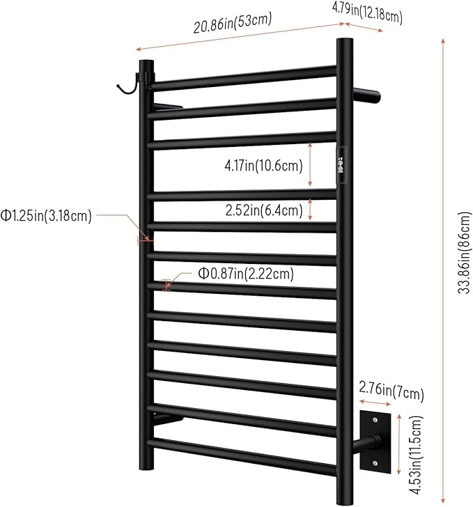 Wall Mounted Towel Warmer 12 Bars with Plug-in and Hardwired Options 3 Working Modes Black Stainless Steel 21” W 34” H