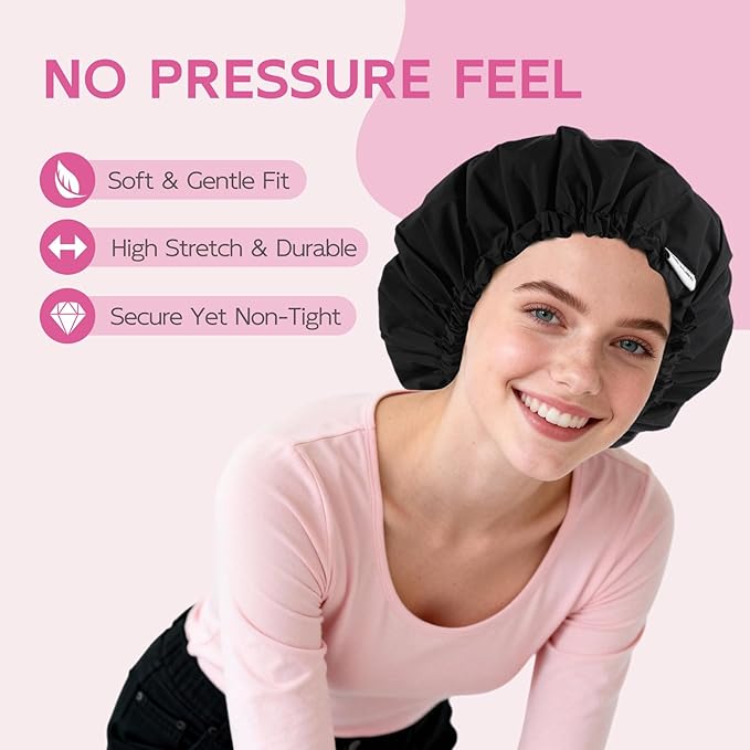 Years Calm Shower Cap for Women Waterproof Reusable – 27g Ultra Lightweight Double-Layer Shower Bonnet, Secure Fit for Long, Curly Hair, Travel & Spa (Black)