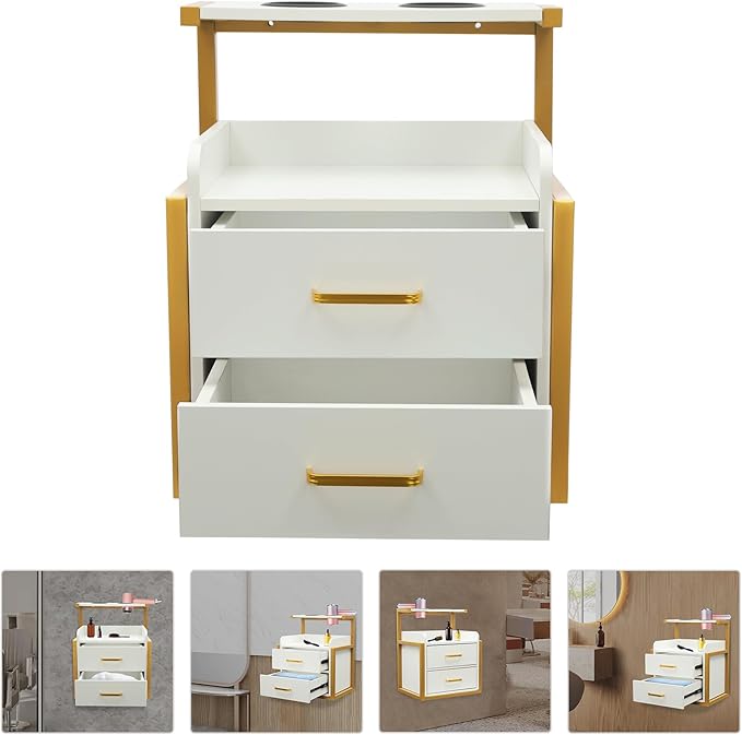Salon Cabinet, Salon Storage Organizer with 2 Drawers, 110.23Lbs Load Capacity Salon Wall Cabinet, Hanging Styling Station Equipment for Spa, Barber Store, Locker Room, Bathroom (Gold＋White)