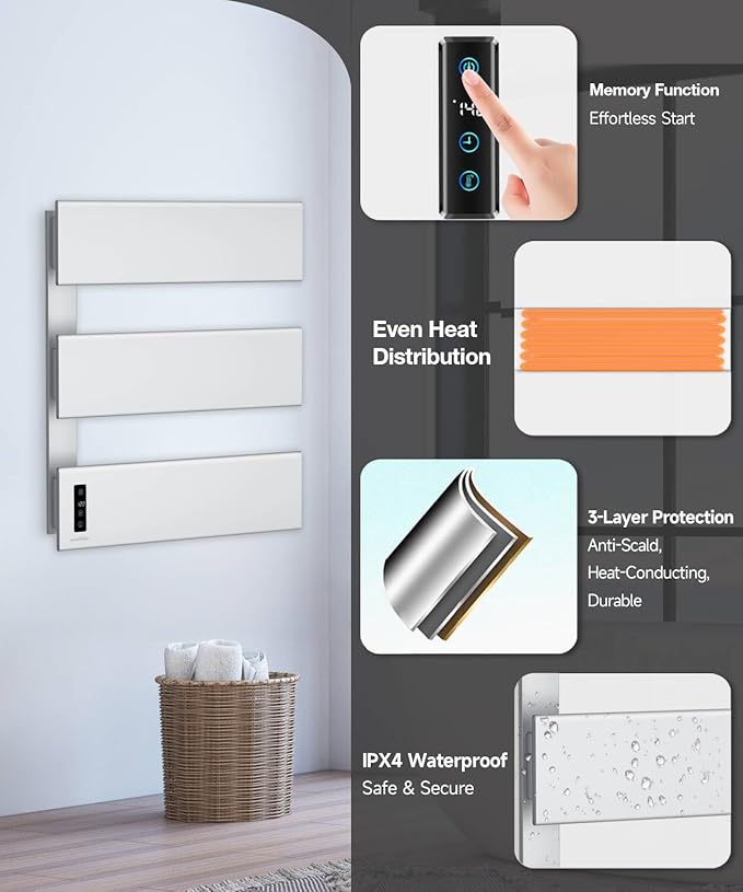 Towel Warmers for Bathroom, Heated Towel Rack Wall Mounted, 21.6" X 17.7" Smart LED Control, Built-in Timer & Temperature, Max 140°F, Plug-in, Fast Heating, Silver