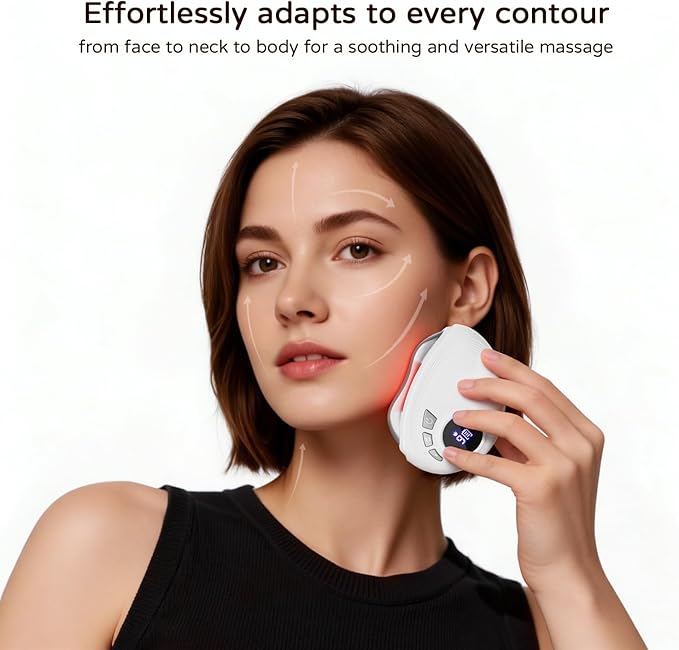 Professional LED Red Light Gua Sha Massager, 9-Level Adjustable Face and Neck Sculptor for Skin Firming, Jawline Contouring & Serum Absorption, Portable Metal Facial Skincare Tool - White